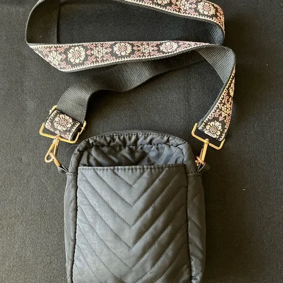 Black Quilted Crossbody Bag by KEDZIE with 2in tapestry strap - Picture 3 of 4